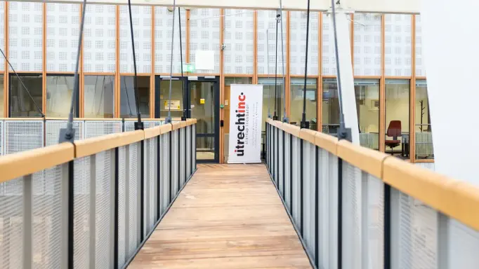 A walkway to the office entrance at the UtrechtInc incubator on Utrecht Science Park.