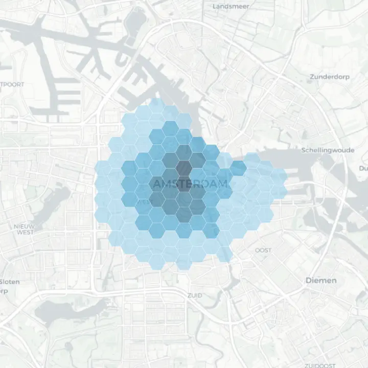 A catchment map for the Singel site in Amsterdam, drawn on live street networks. Illustrative sample.