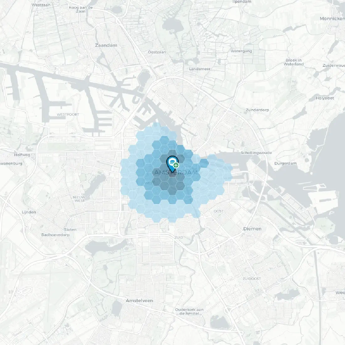 IRIS catchment map around a candidate site in Amsterdam Centrum, the site marker at the centre with its travel-time catchment drawn as hexes. Illustrative sample.