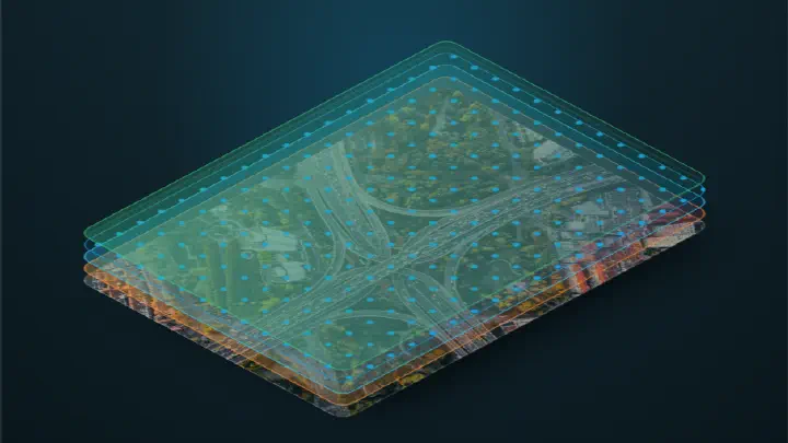 The IRIS layer stack: an aerial footprint with signal layers plotted over it, compressed into one embedding