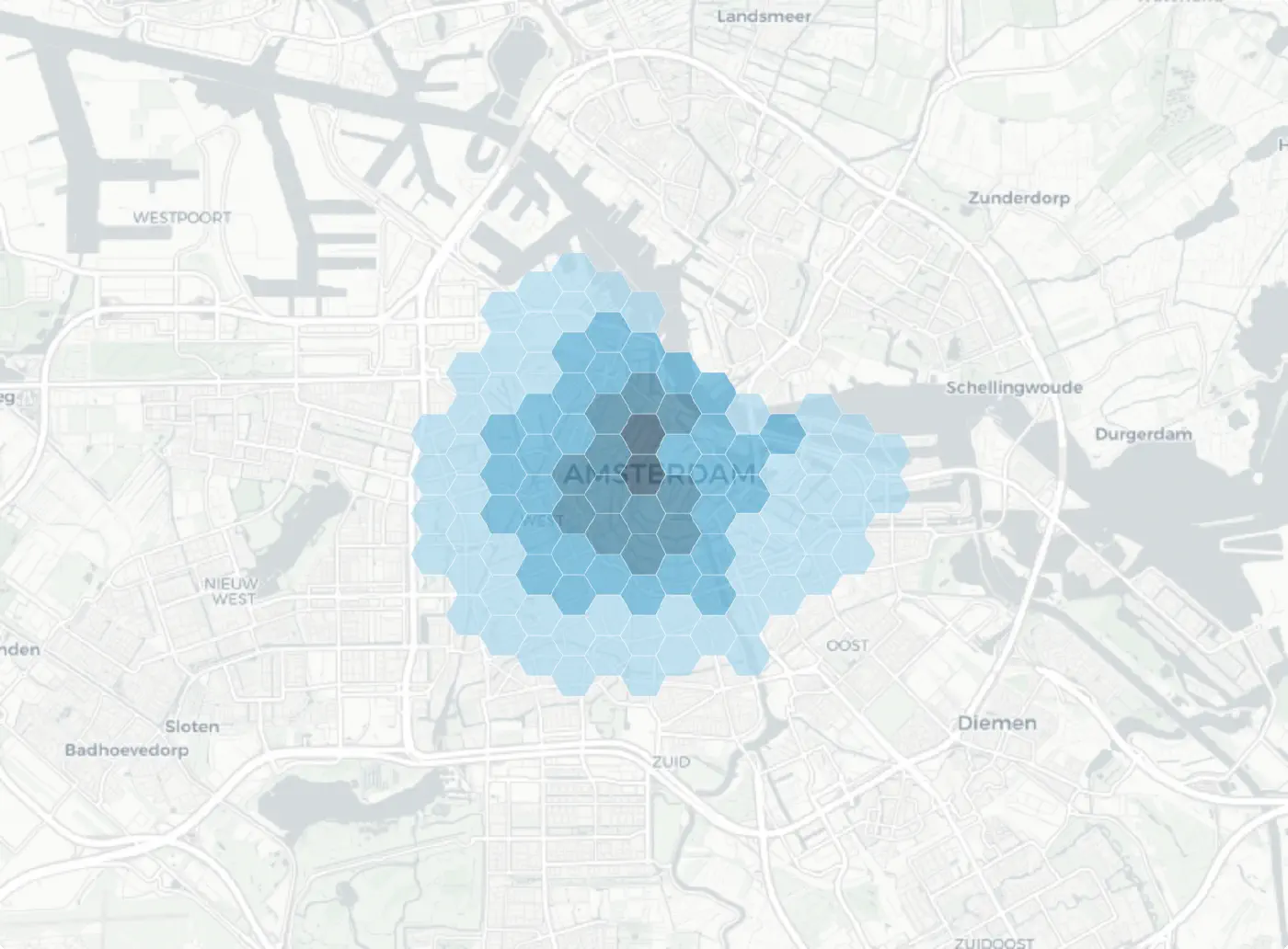 A hexagon grid drawn over a map of Amsterdam, each cell shaded, showing the single H3 grid IRIS lays over the map.