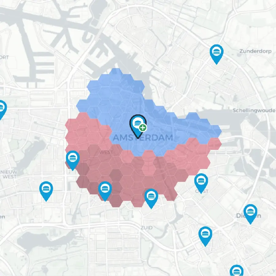 IRIS impact map for a candidate Amsterdam site: blue hexes mark newly captured catchment, red hexes mark demand cannibalised from nearby own stores. Illustrative sample.